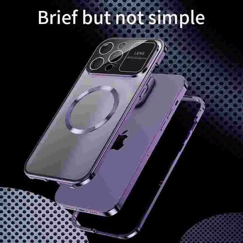 Luxury iPhone Case — Magnetic Metal Cover with Large Window Lens Protection, Aluminum Frame, Tempered Glass Screen Shield and Shockproof Slim Scratch-Resistant Design