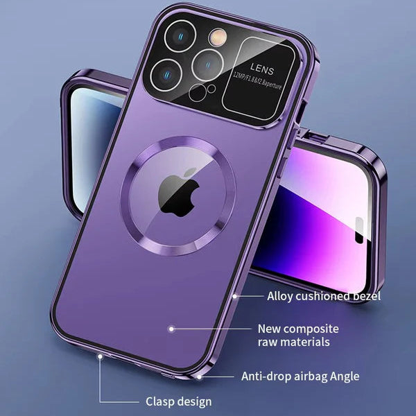 Luxury iPhone Case — Magnetic Metal Cover with Large Window Lens Protection, Aluminum Frame, Tempered Glass Screen Shield and Shockproof Slim Scratch-Resistant Design