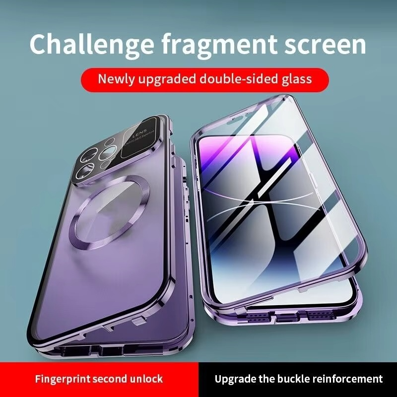 Luxury iPhone Case — Magnetic Metal Cover with Large Window Lens Protection, Aluminum Frame, Tempered Glass Screen Shield and Shockproof Slim Scratch-Resistant Design