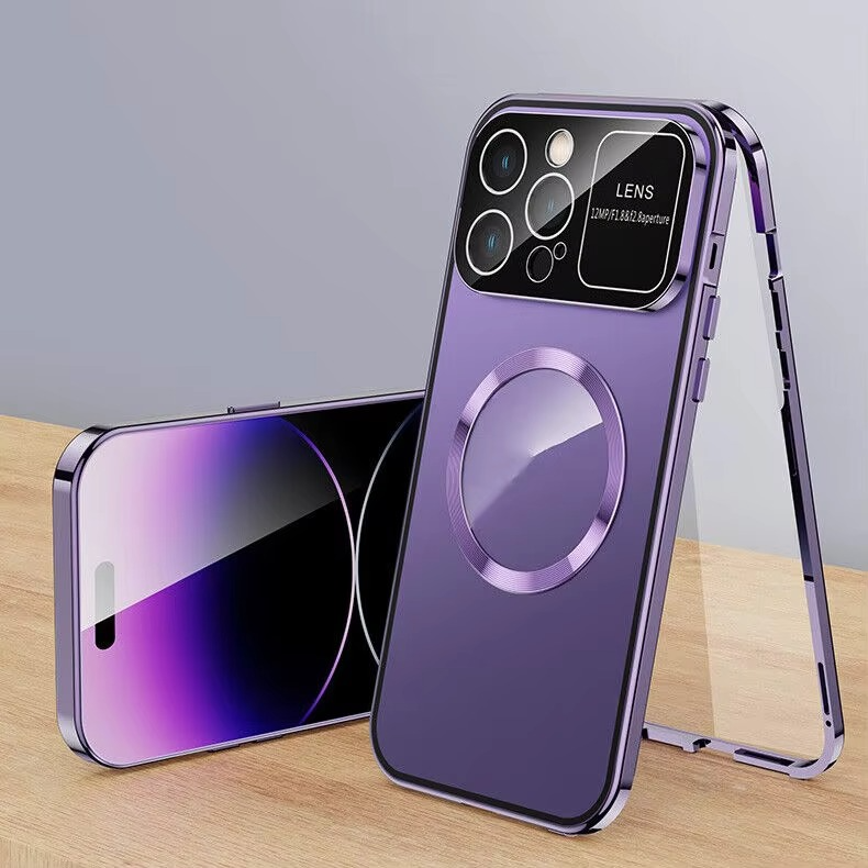 Luxury iPhone Case — Magnetic Metal Cover with Large Window Lens Protection, Aluminum Frame, Tempered Glass Screen Shield and Shockproof Slim Scratch-Resistant Design