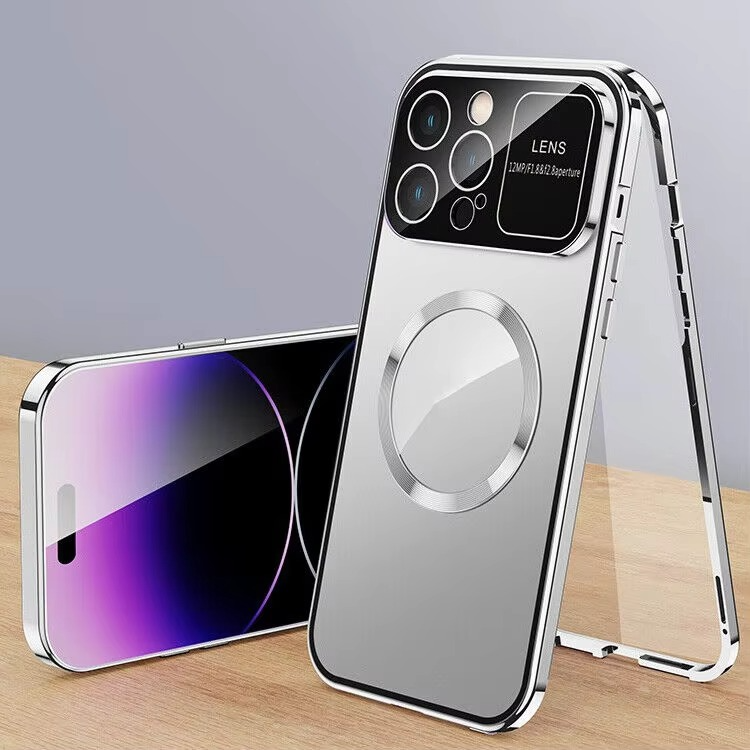 Luxury iPhone Case — Magnetic Metal Cover with Large Window Lens Protection, Aluminum Frame, Tempered Glass Screen Shield and Shockproof Slim Scratch-Resistant Design