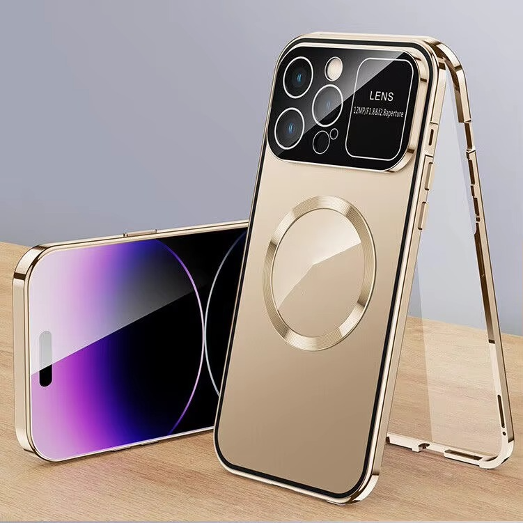 Luxury iPhone Case — Magnetic Metal Cover with Large Window Lens Protection, Aluminum Frame, Tempered Glass Screen Shield and Shockproof Slim Scratch-Resistant Design