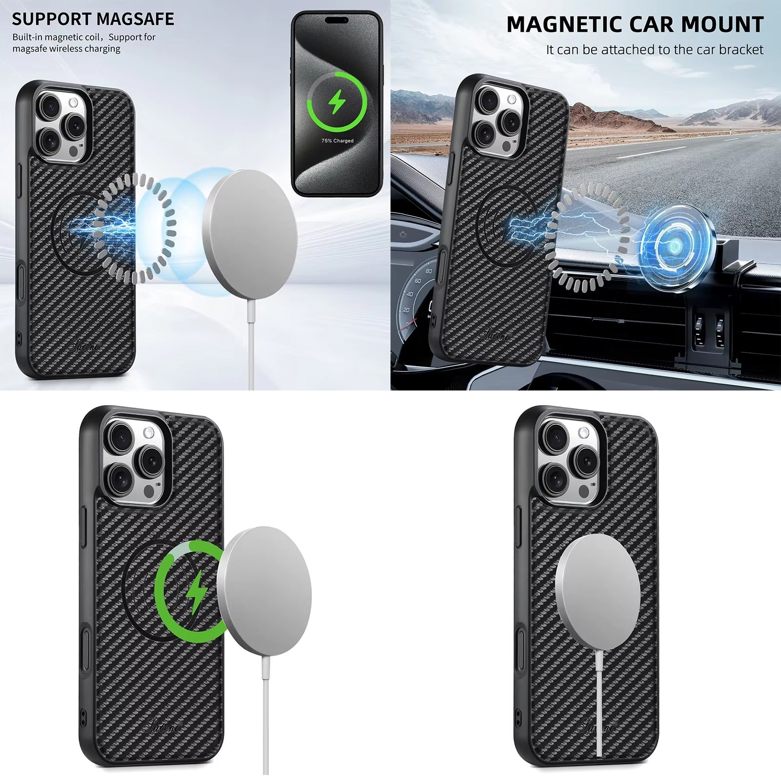 Luxury iPhone Case — Magnetic Faux Leather Wallet Cover with Card Holder Bag, Stand Function, MagSafe Wireless Charging Compatibility and Slim Shockproof Design