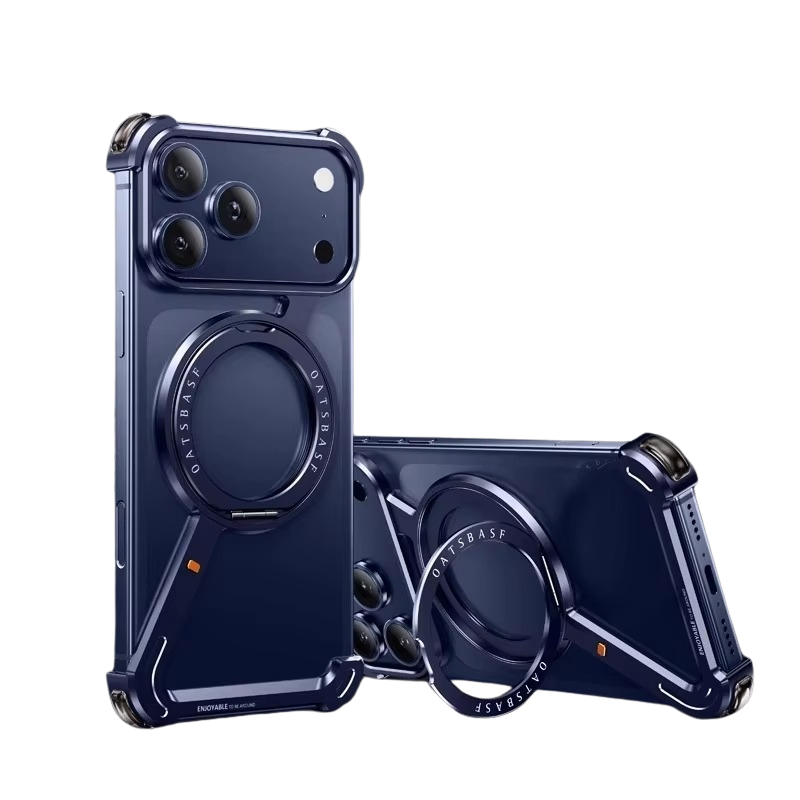 Luxury iPhone Case — Metal Magnetic Frameless Aluminum Alloy Cover with 360° Rotating Stand Ring, MagSafe-Compatible Shockproof Protective Design