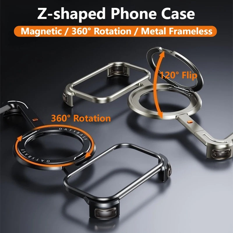 Luxury iPhone Case — Metal Magnetic Frameless Aluminum Alloy Cover with 360° Rotating Stand Ring, MagSafe-Compatible Shockproof Protective Design