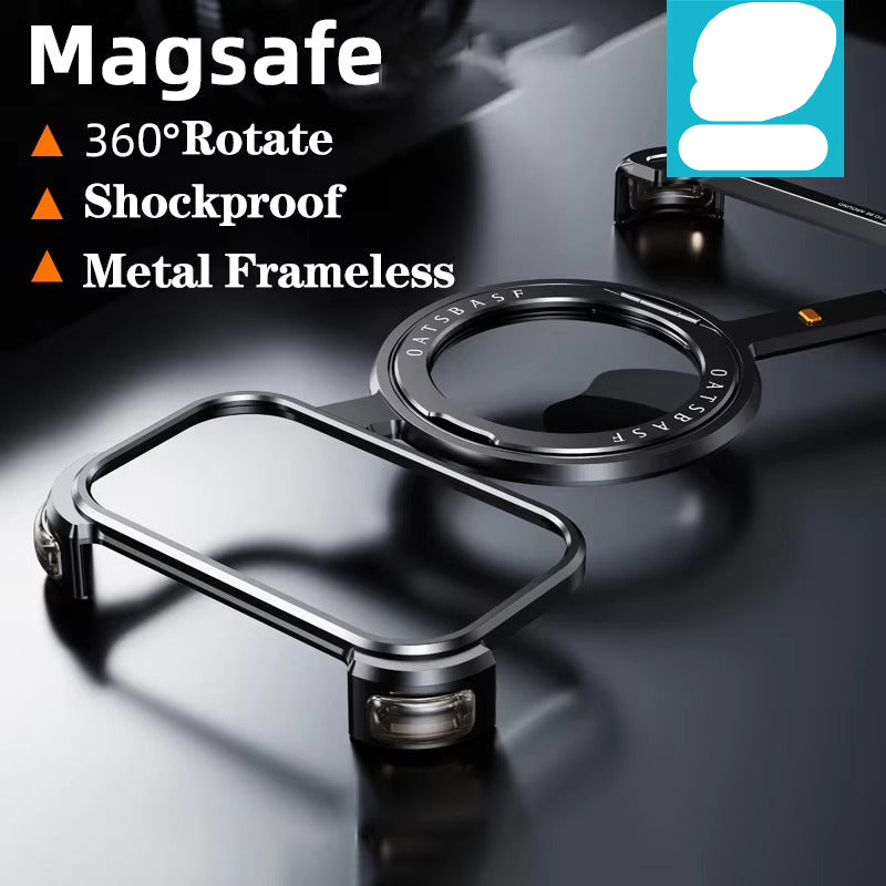 Luxury iPhone Case — Metal Magnetic Frameless Aluminum Alloy Cover with 360° Rotating Stand Ring, MagSafe-Compatible Shockproof Protective Design