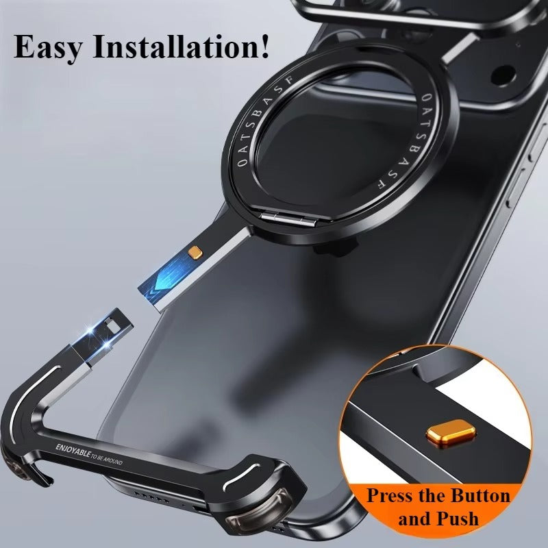 Luxury iPhone Case — Metal Magnetic Frameless Aluminum Alloy Cover with 360° Rotating Stand Ring, MagSafe-Compatible Shockproof Protective Design