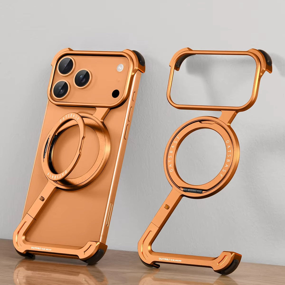 Luxury iPhone Case — Metal Magnetic Frameless Aluminum Alloy Cover with 360° Rotating Stand Ring, MagSafe-Compatible Shockproof Protective Design