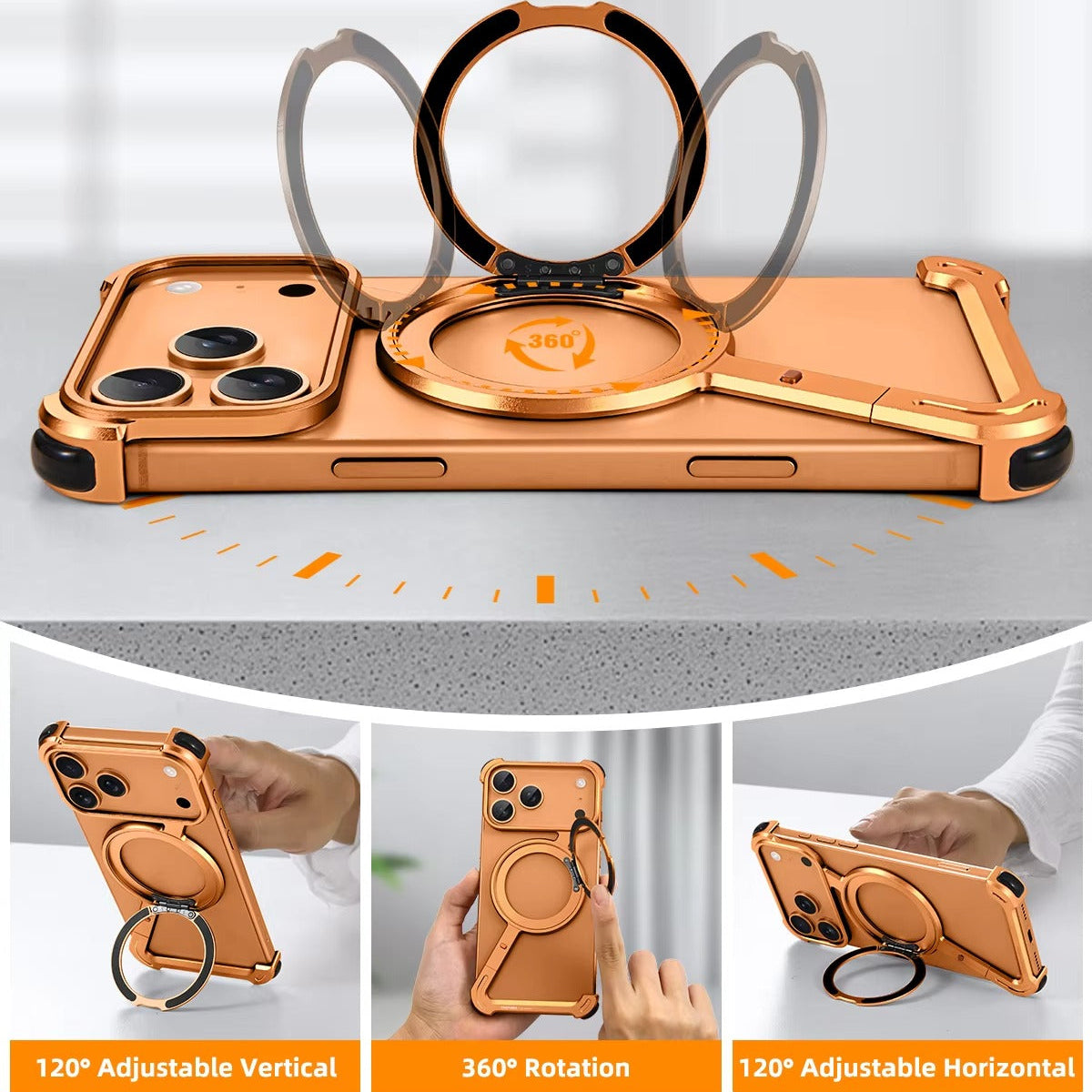 Luxury iPhone Case — Metal Magnetic Frameless Aluminum Alloy Cover with 360° Rotating Stand Ring, MagSafe-Compatible Shockproof Protective Design