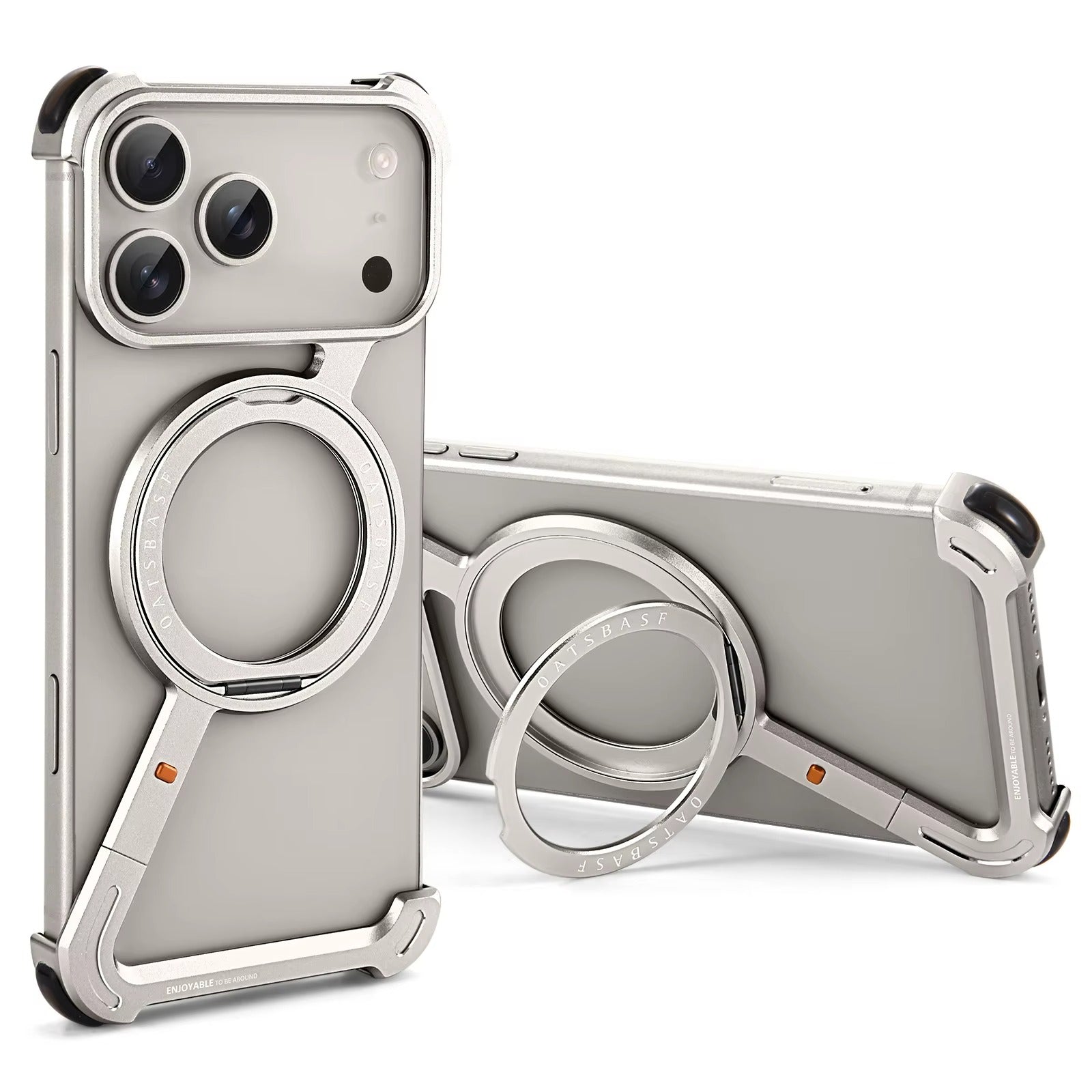 Luxury iPhone Case — Metal Magnetic Frameless Aluminum Alloy Cover with 360° Rotating Stand Ring, MagSafe-Compatible Shockproof Protective Design
