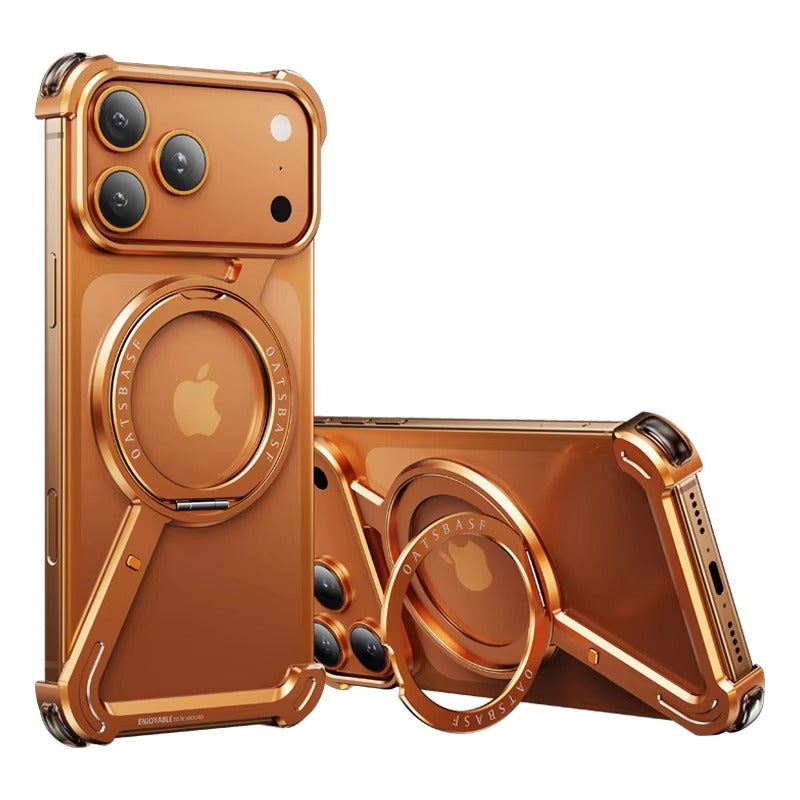 Luxury iPhone Case — Metal Magnetic Frameless Aluminum Alloy Cover with 360° Rotating Stand Ring, MagSafe-Compatible Shockproof Protective Design