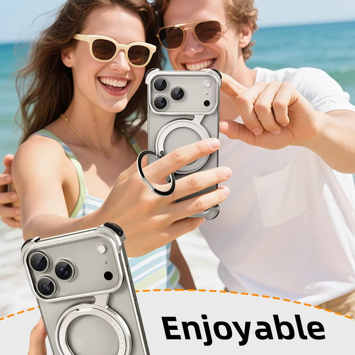 Luxury iPhone Case — Metal Magnetic Frameless Aluminum Alloy Cover with 360° Rotating Stand Ring, MagSafe-Compatible Shockproof Protective Design