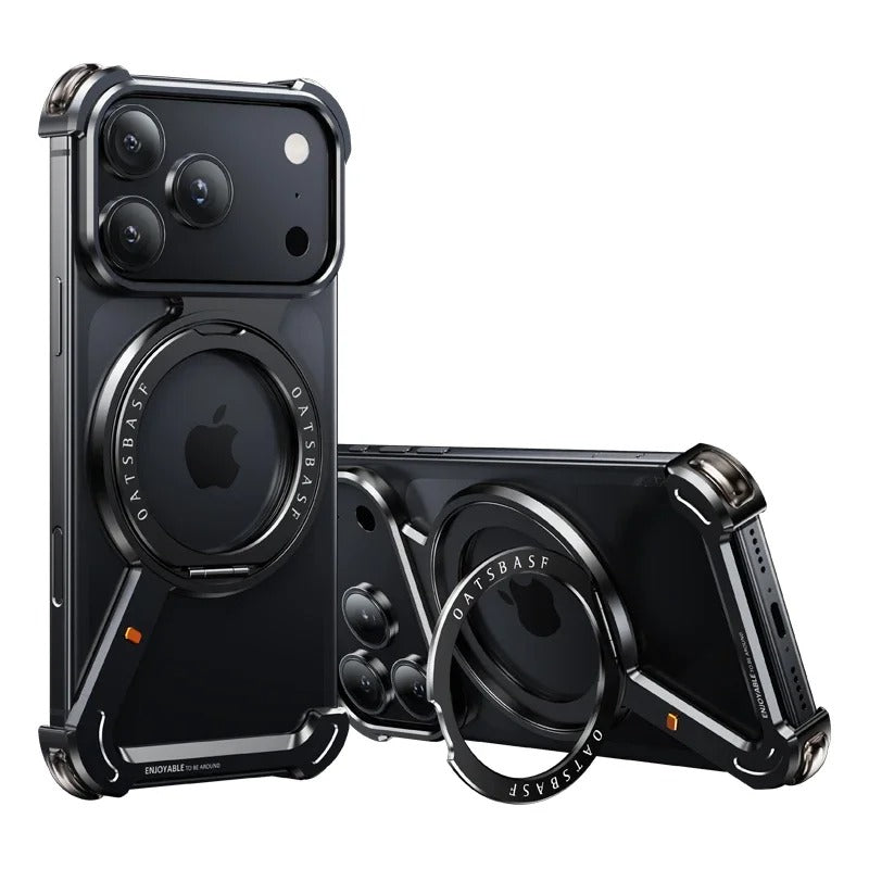 Luxury iPhone Case — Metal Magnetic Frameless Aluminum Alloy Cover with 360° Rotating Stand Ring, MagSafe-Compatible Shockproof Protective Design