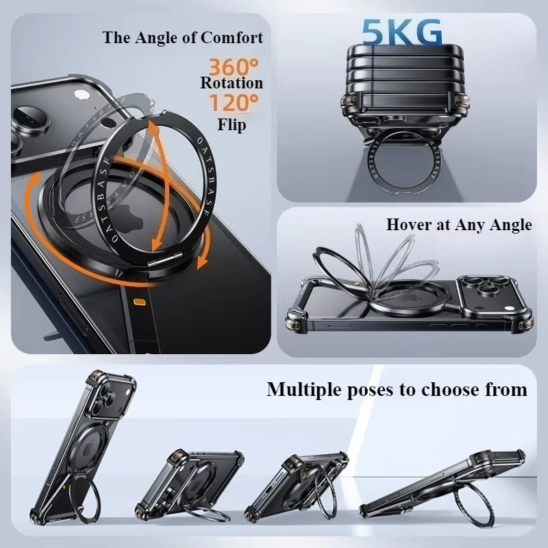 Luxury iPhone Case — Metal Magnetic Frameless Aluminum Alloy Cover with 360° Rotating Stand Ring, MagSafe-Compatible Shockproof Protective Design