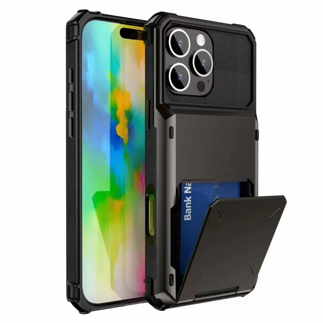 Luxury iPhone Wallet Case with 5-Card Slot — Hidden Flip Door Card Holder, Dual Layer Shockproof Armor, Raised Screen Lip, Scratch-Resistant Protective Cover