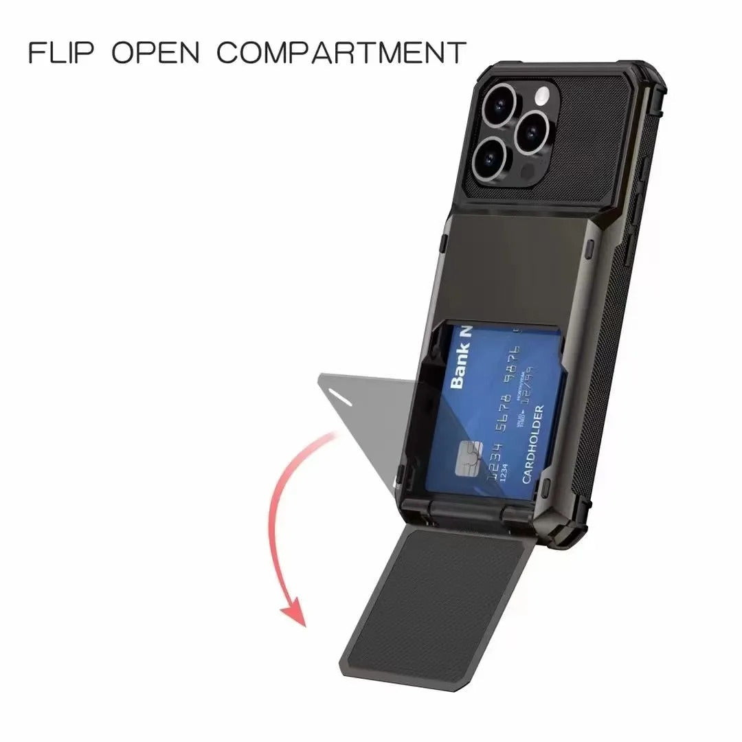 Luxury iPhone Wallet Case with 5-Card Slot — Hidden Flip Door Card Holder, Dual Layer Shockproof Armor, Raised Screen Lip, Scratch-Resistant Protective Cover