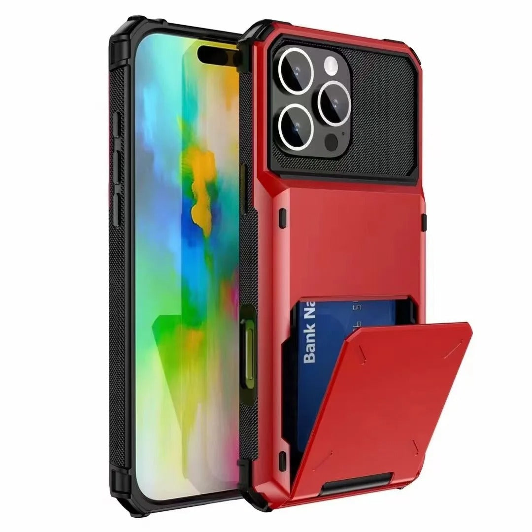Luxury iPhone Wallet Case with 5-Card Slot — Hidden Flip Door Card Holder, Dual Layer Shockproof Armor, Raised Screen Lip, Scratch-Resistant Protective Cover