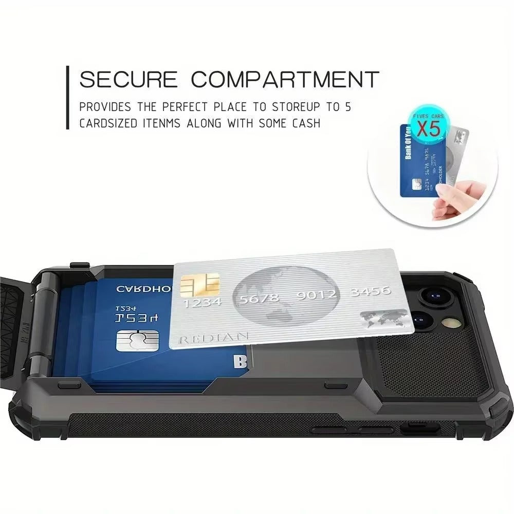 Luxury iPhone Wallet Case with 5-Card Slot — Hidden Flip Door Card Holder, Dual Layer Shockproof Armor, Raised Screen Lip, Scratch-Resistant Protective Cover