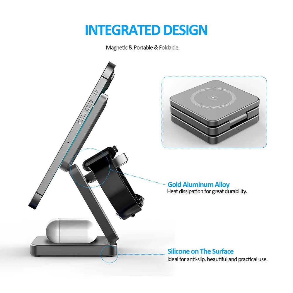 Minimalist iPhone 3-in-1 Foldable Magnetic Wireless Charging Station, 15W Fast-Charge Stand for Phone, Watch & Earbuds with Compact Travel Design Research 3-in-1 magnetic wireless chargers Spend a few minutes for better results