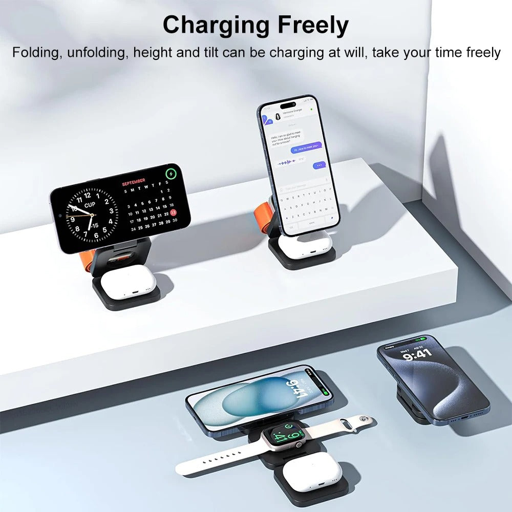 Minimalist iPhone 3-in-1 Foldable Magnetic Wireless Charging Station, 15W Fast-Charge Stand for Phone, Watch & Earbuds with Compact Travel Design Research 3-in-1 magnetic wireless chargers Spend a few minutes for better results
