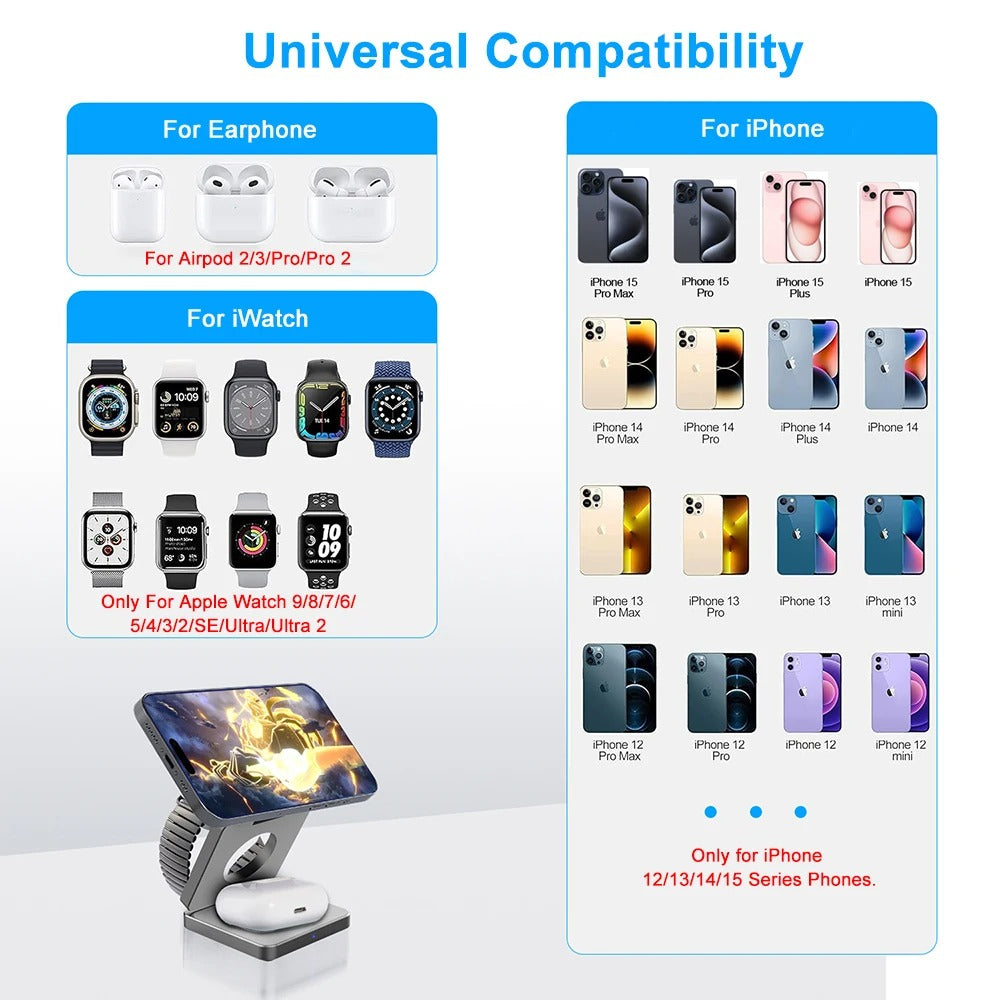 Minimalist iPhone 3-in-1 Foldable Magnetic Wireless Charging Station, 15W Fast-Charge Stand for Phone, Watch & Earbuds with Compact Travel Design Research 3-in-1 magnetic wireless chargers Spend a few minutes for better results