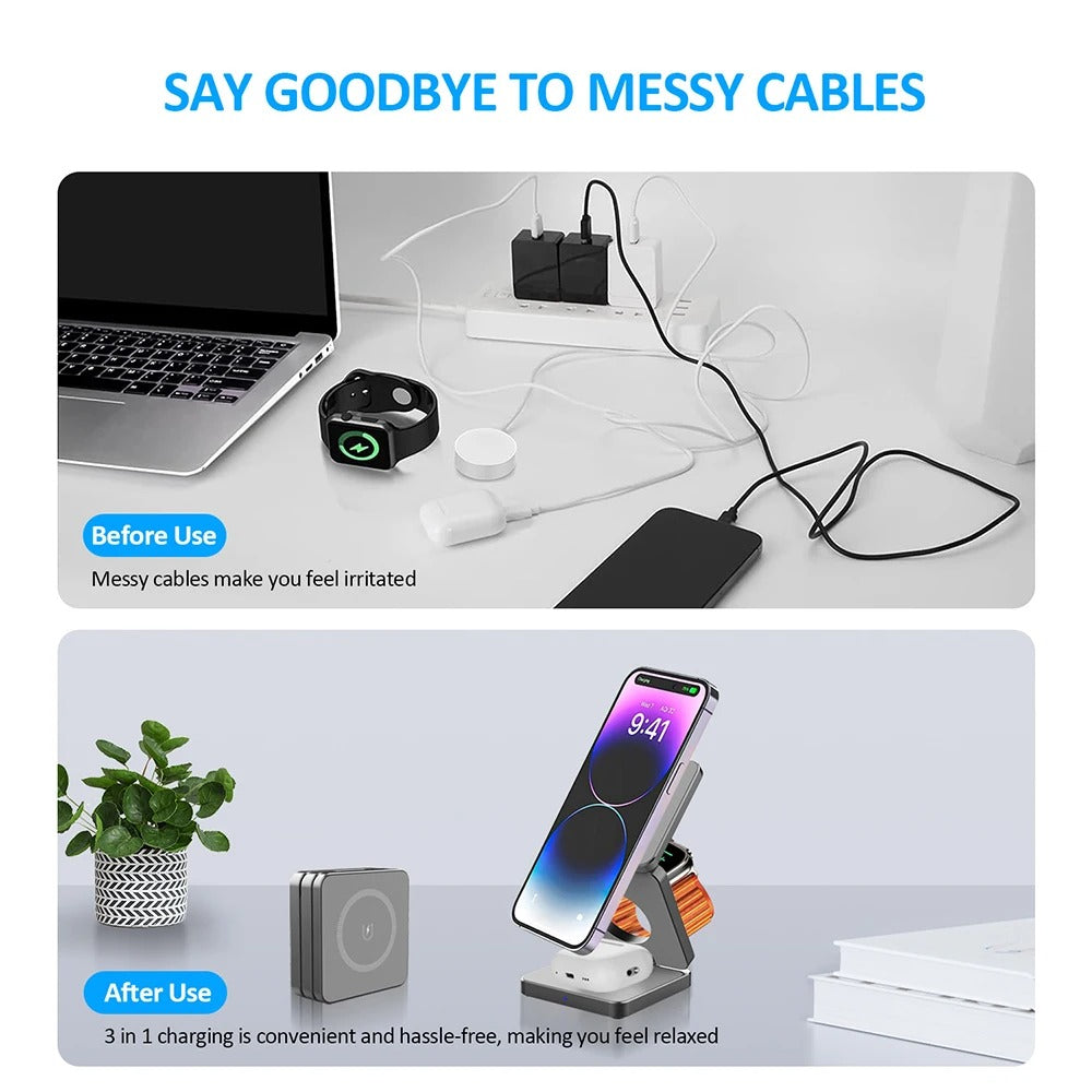Minimalist iPhone 3-in-1 Foldable Magnetic Wireless Charging Station, 15W Fast-Charge Stand for Phone, Watch & Earbuds with Compact Travel Design Research 3-in-1 magnetic wireless chargers Spend a few minutes for better results