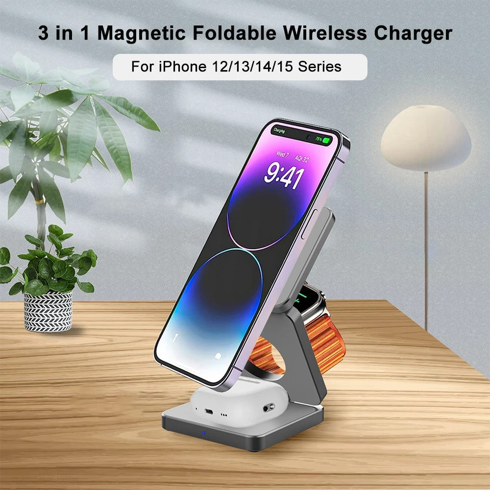 Minimalist iPhone 3-in-1 Foldable Magnetic Wireless Charging Station, 15W Fast-Charge Stand for Phone, Watch & Earbuds with Compact Travel Design Research 3-in-1 magnetic wireless chargers Spend a few minutes for better results
