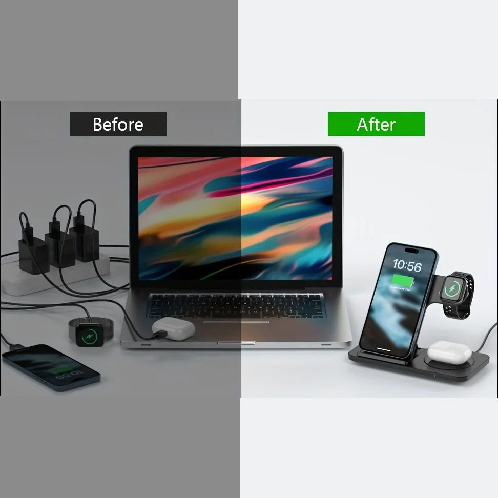 Minimalist iPhone 3-in-1 Foldable Wireless Charging Station, 15W Fast-Charge Stand for Phone, Watch & Earbuds with LED Light