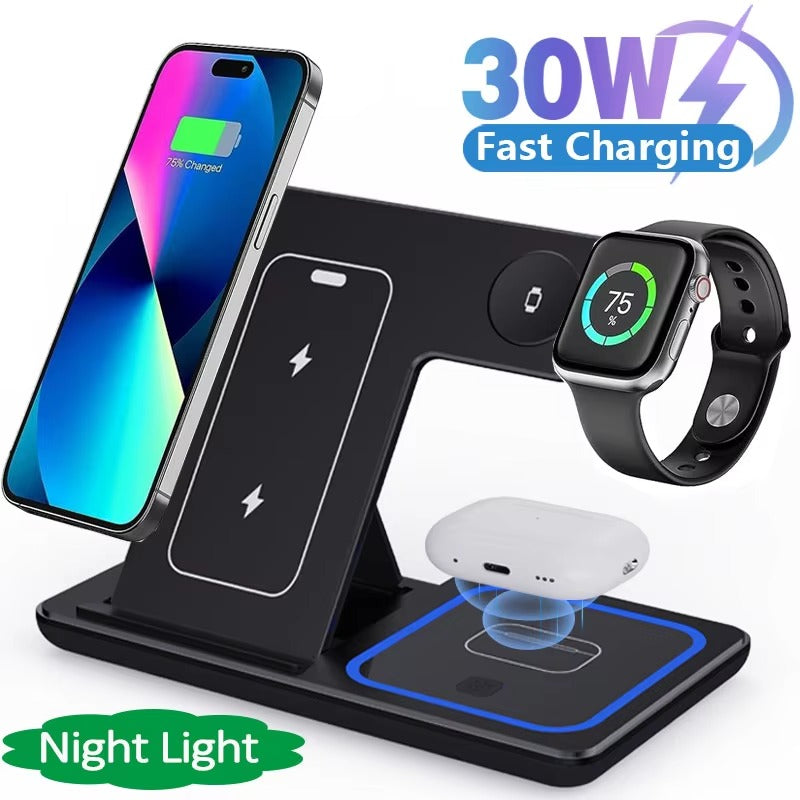 Minimalist iPhone 3-in-1 Foldable Wireless Charging Station, 15W Fast-Charge Stand for Phone, Watch & Earbuds with LED Light