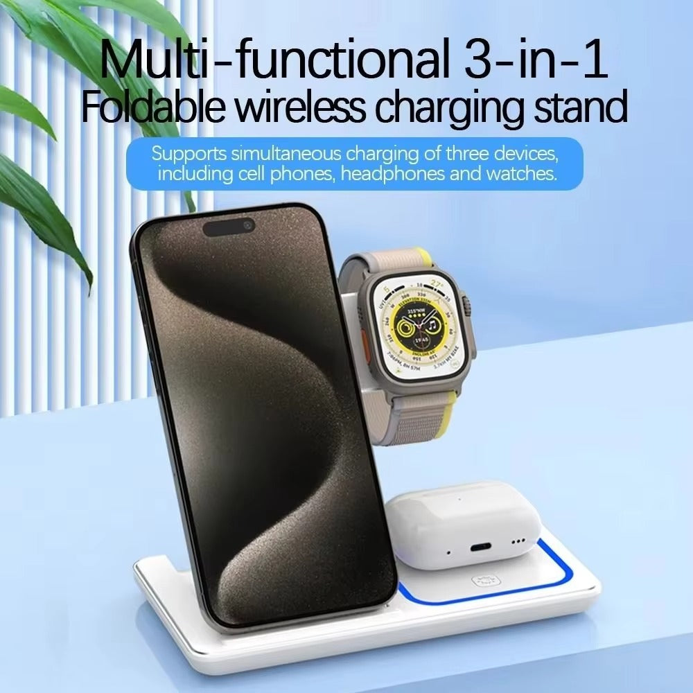 Minimalist iPhone 3-in-1 Foldable Wireless Charging Station, 15W Fast-Charge Stand for Phone, Watch & Earbuds with LED Light
