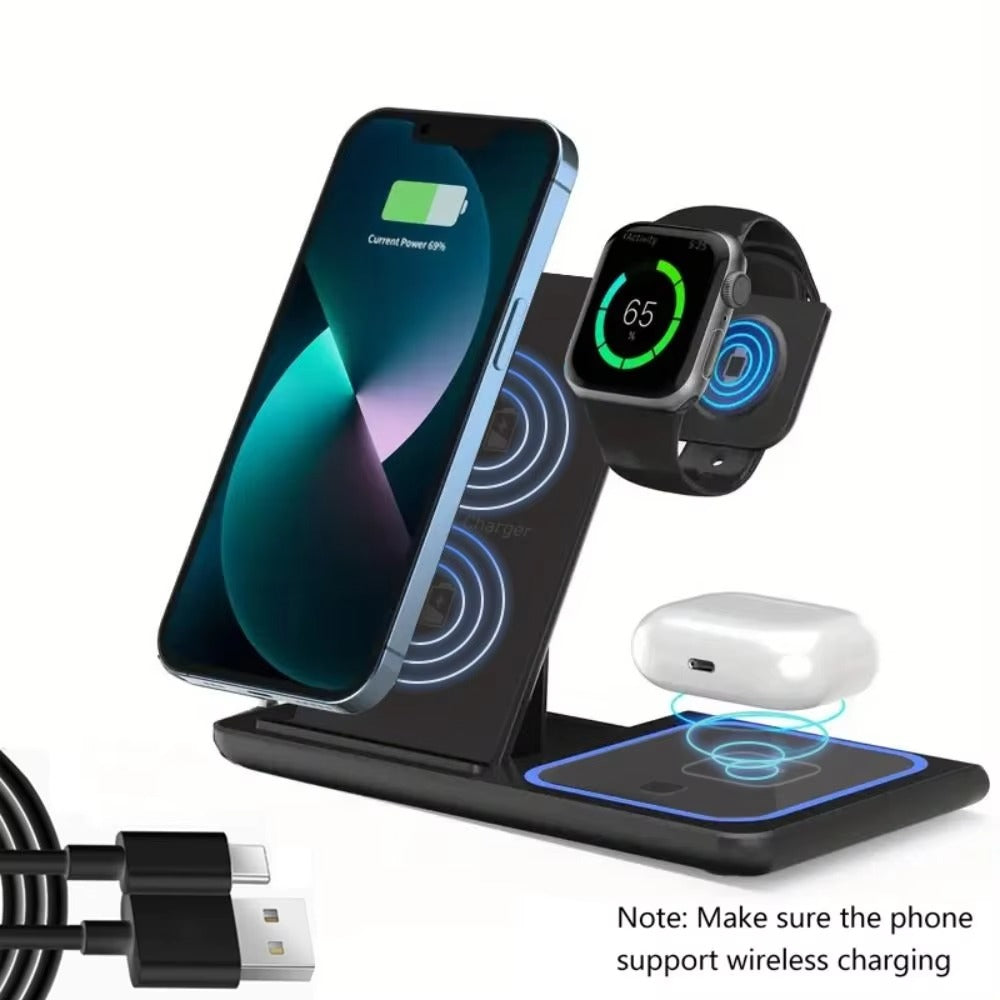 Minimalist iPhone 3-in-1 Foldable Wireless Charging Station, 15W Fast-Charge Stand for Phone, Watch & Earbuds with LED Light