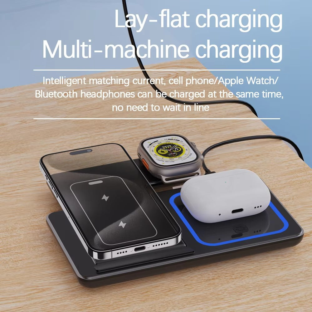 Minimalist iPhone 3-in-1 Foldable Wireless Charging Station, 15W Fast-Charge Stand for Phone, Watch & Earbuds with LED Light