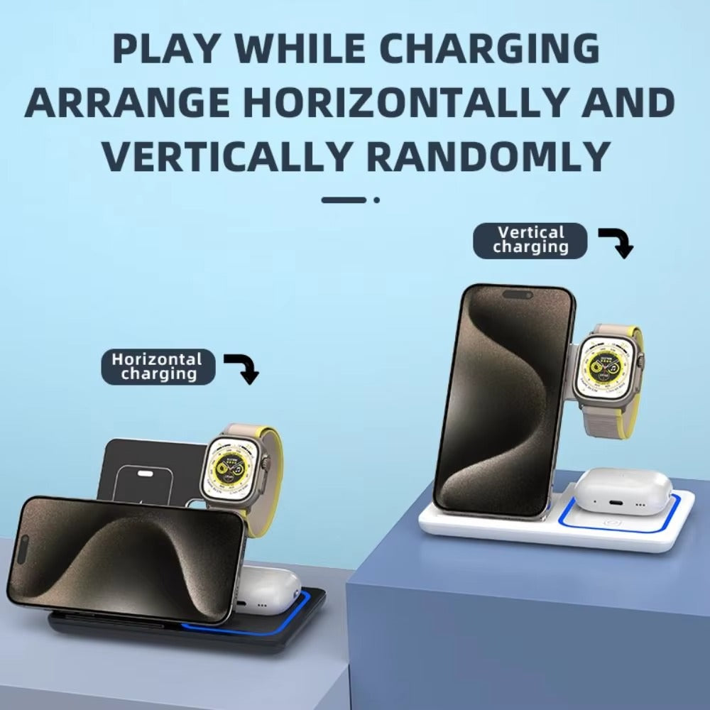 Minimalist iPhone 3-in-1 Foldable Wireless Charging Station, 15W Fast-Charge Stand for Phone, Watch & Earbuds with LED Light