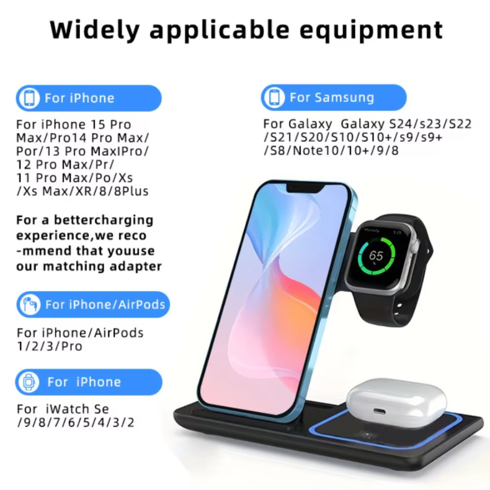 Minimalist iPhone 3-in-1 Foldable Wireless Charging Station, 15W Fast-Charge Stand for Phone, Watch & Earbuds with LED Light