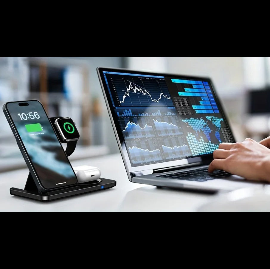 Minimalist iPhone 3-in-1 Foldable Wireless Charging Station, 15W Fast-Charge Stand for Phone, Watch & Earbuds with LED Light