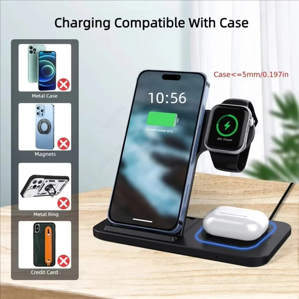 Minimalist iPhone 3-in-1 Foldable Wireless Charging Station, 15W Fast-Charge Stand for Phone, Watch & Earbuds with LED Light