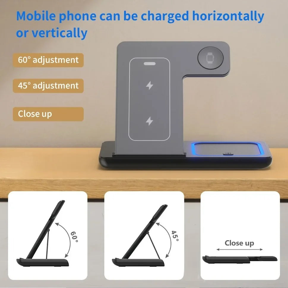 Minimalist iPhone 3-in-1 Foldable Wireless Charging Station, 15W Fast-Charge Stand for Phone, Watch & Earbuds with LED Light