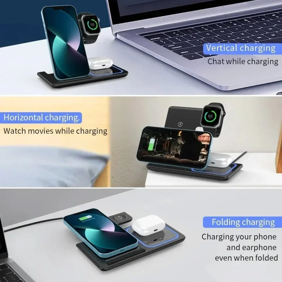Minimalist iPhone 3-in-1 Foldable Wireless Charging Station, 15W Fast-Charge Stand for Phone, Watch & Earbuds with LED Light