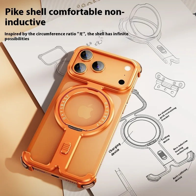 Minimalist iPhone Case — Aluminum Frameless MagSafe Cover with 360° Magnetic Stand and Slim Shockproof Metal Design