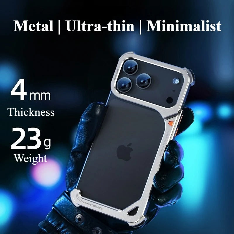 Minimalist iPhone Case — Aluminum Frame with Lens Holder, MagSafe Wireless-Charging Support, Slim Drop-Protection Metal Design