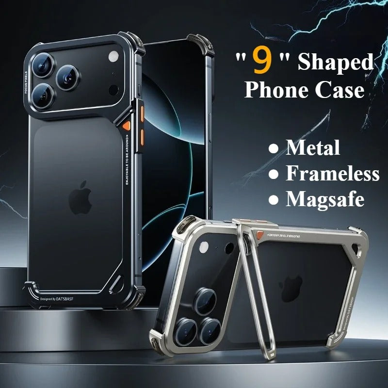 Minimalist iPhone Case — Aluminum Frame with Lens Holder, MagSafe Wireless-Charging Support, Slim Drop-Protection Metal Design