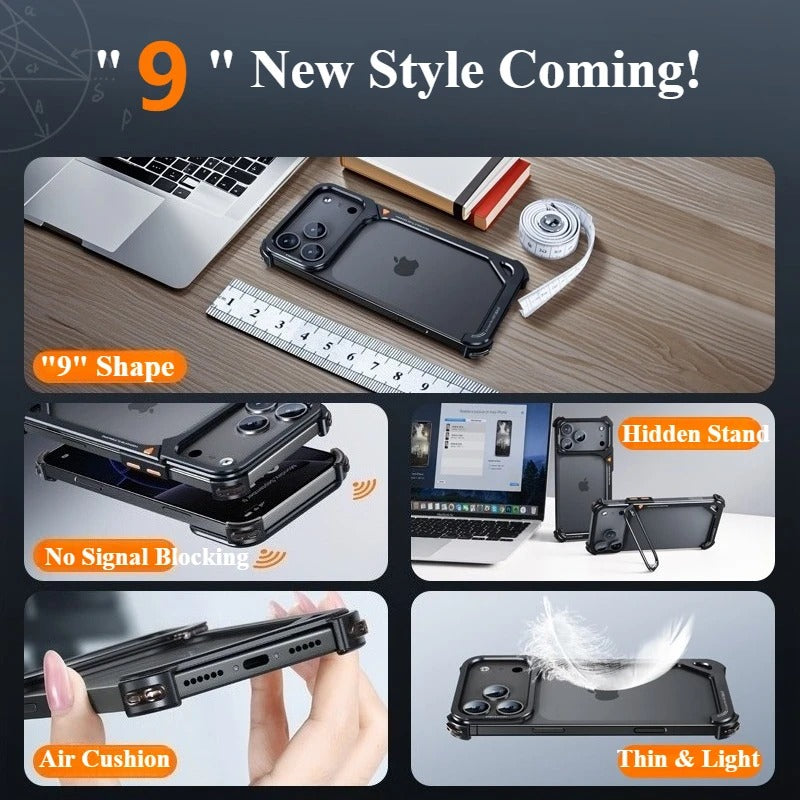 Minimalist iPhone Case — Aluminum Frame with Lens Holder, MagSafe Wireless-Charging Support, Slim Drop-Protection Metal Design
