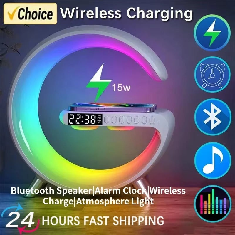 Premium 15W Multifunction Wireless Charger Pad with Speaker, RGB Night Light, Fast Charging Stand, USB-C Input & Charging Indicator for Smartphones