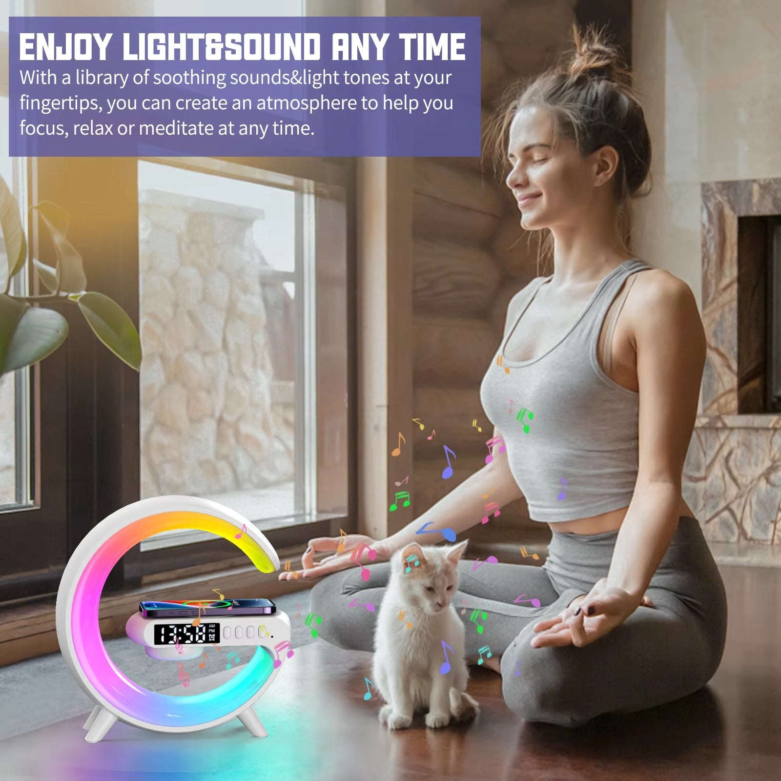 Premium 15W Multifunction Wireless Charger Pad with Speaker, RGB Night Light, Fast Charging Stand, USB-C Input & Charging Indicator for Smartphones