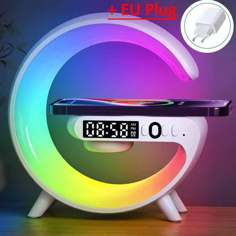 Premium 15W Multifunction Wireless Charger Pad with Speaker, RGB Night Light, Fast Charging Stand, USB-C Input & Charging Indicator for Smartphones
