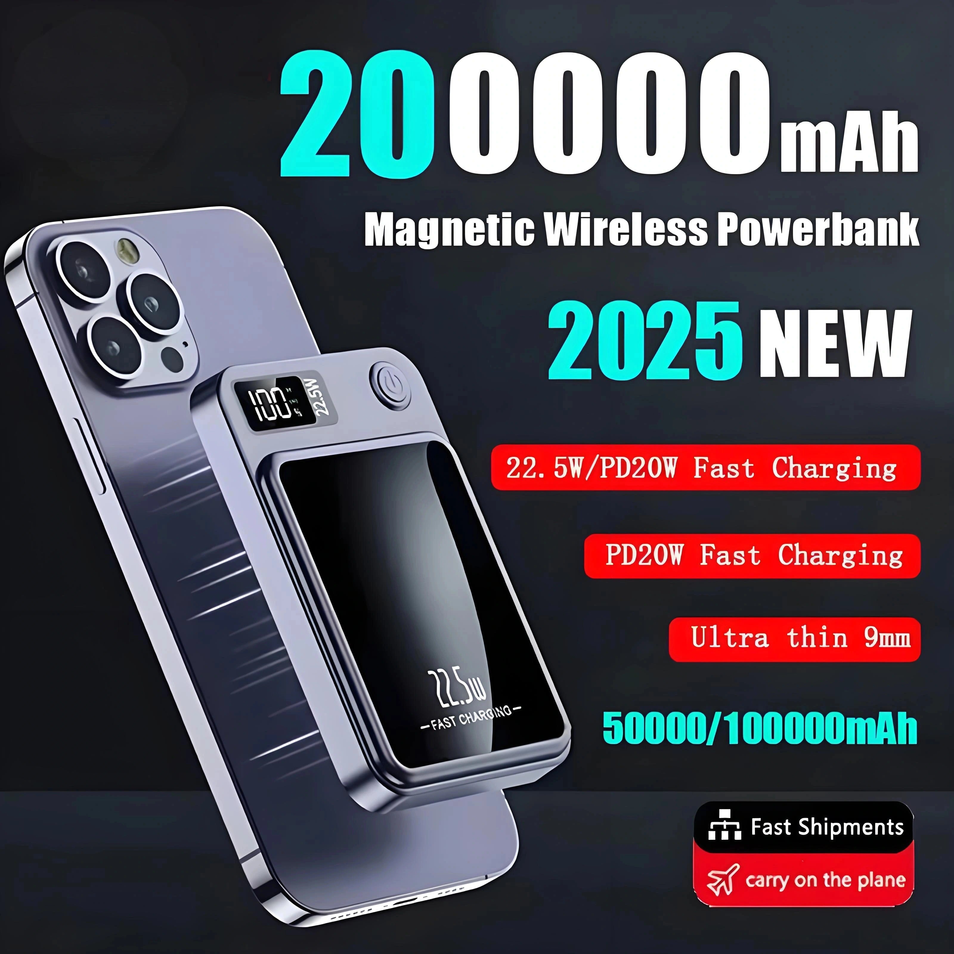 Premium 200000mAh Power Bank Magnetic Wireless Fast Charging 22.5W, Large Capacity Portable External Battery for iPhone Samsung Xiaomi