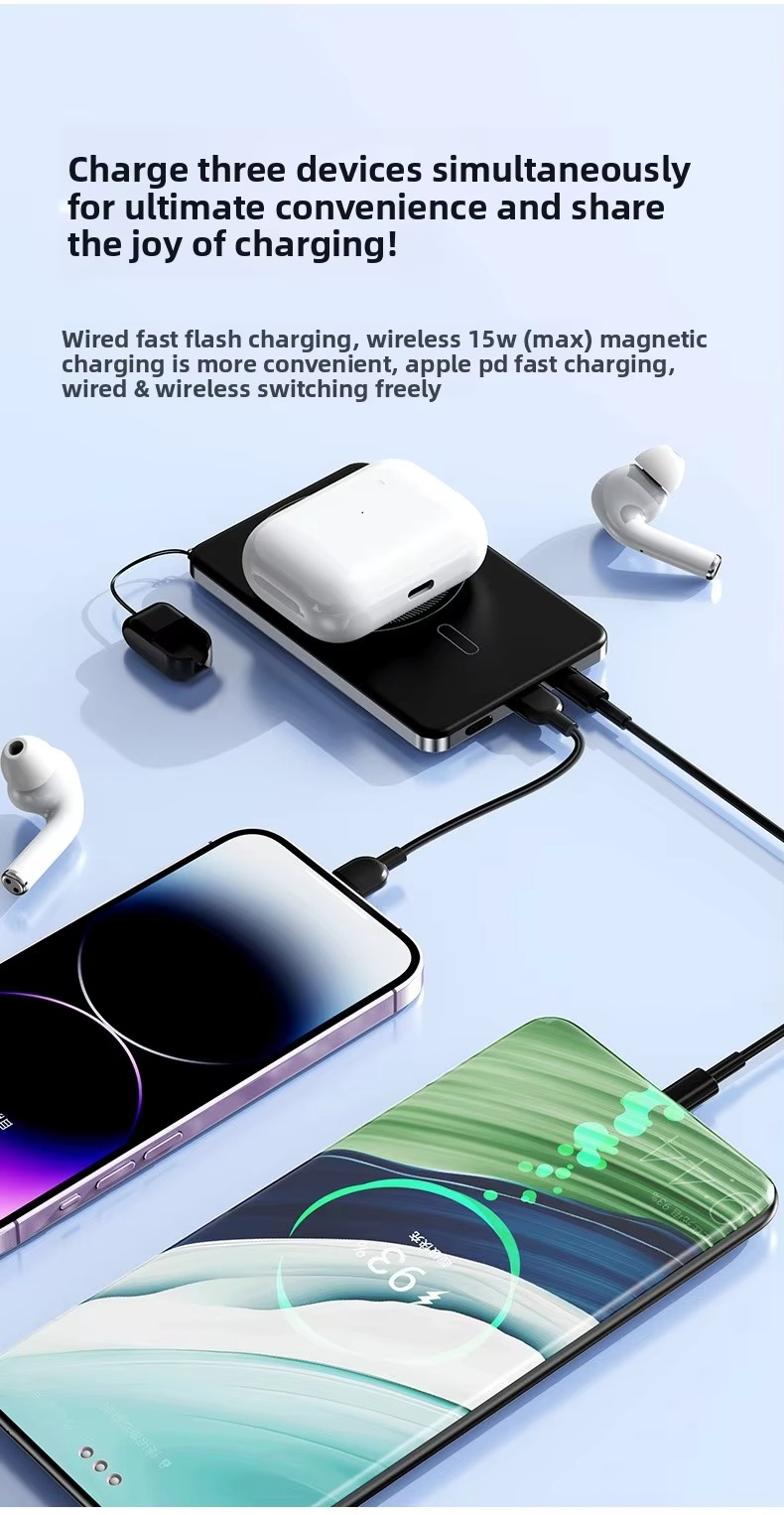 Premium 3-in-1 Magnetic Wireless Power Bank with Metal Stand, Fast Charging, Digital Display, Built-In Cables, Ultra-Thin Portable Battery Pack