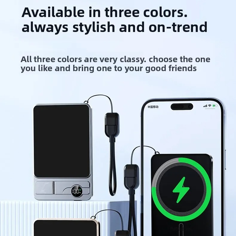 Premium 3-in-1 Magnetic Wireless Power Bank with Metal Stand, Fast Charging, Digital Display, Built-In Cables, Ultra-Thin Portable Battery Pack