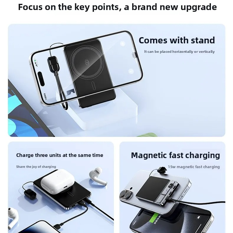 Premium 3-in-1 Magnetic Wireless Power Bank with Metal Stand, Fast Charging, Digital Display, Built-In Cables, Ultra-Thin Portable Battery Pack