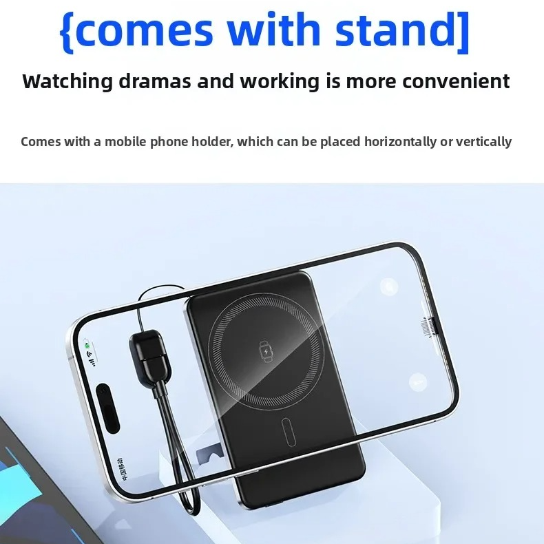 Premium 3-in-1 Magnetic Wireless Power Bank with Metal Stand, Fast Charging, Digital Display, Built-In Cables, Ultra-Thin Portable Battery Pack